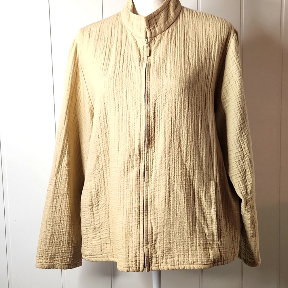 Eileen Fisher full zip  Beige tan Gauze Cotton  lightweight Bomber chore jacket
